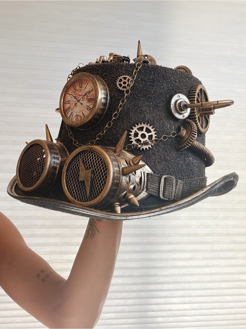 Steampunk Industrial Top Hat with Clock & Goggles – Handmade Statement Piece - Picture 3 of 15